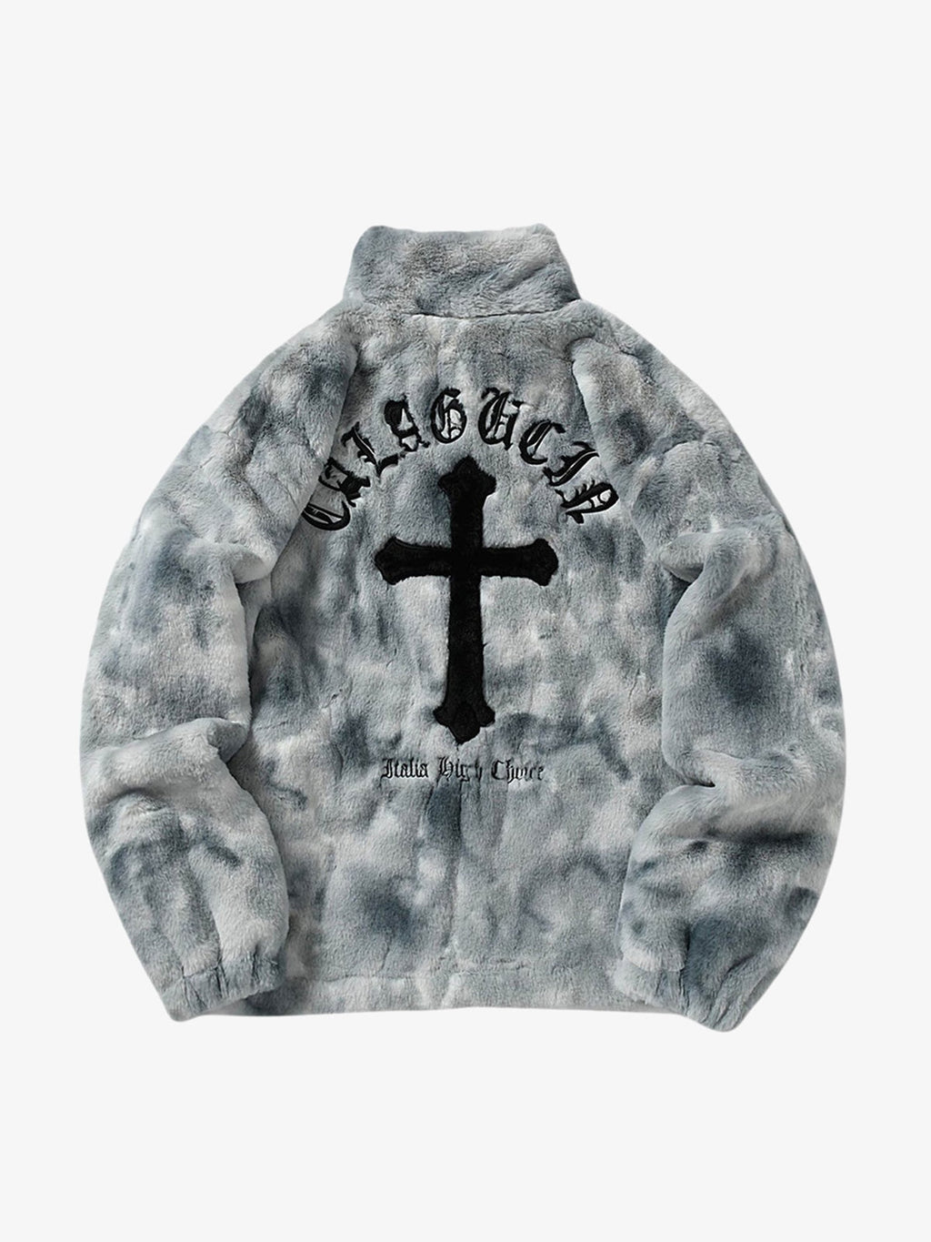 Close front view of men’s grey tie-dye faux fur jacket