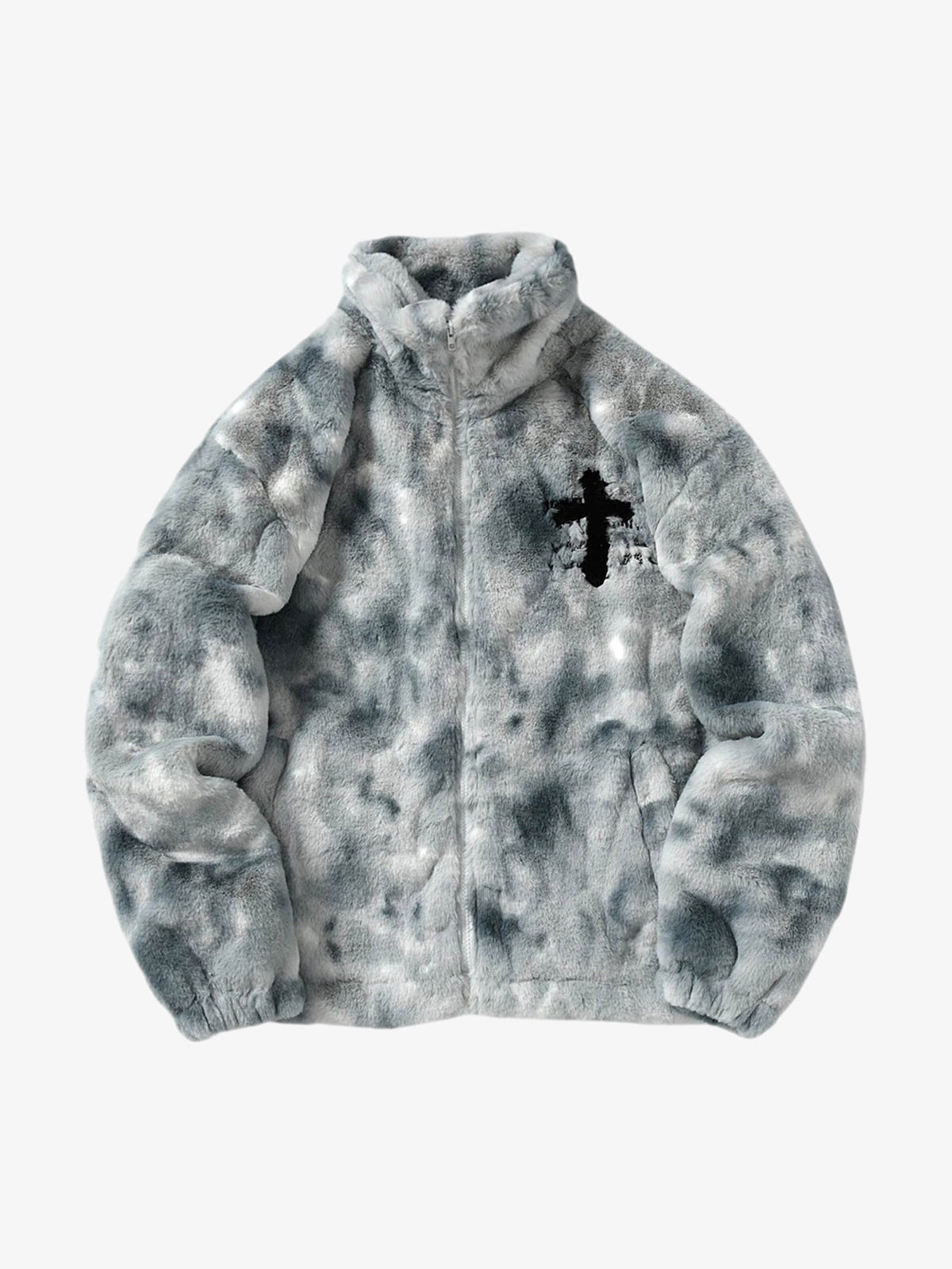 Cosy winter look with men’s grey tie-dye faux fur jacket
