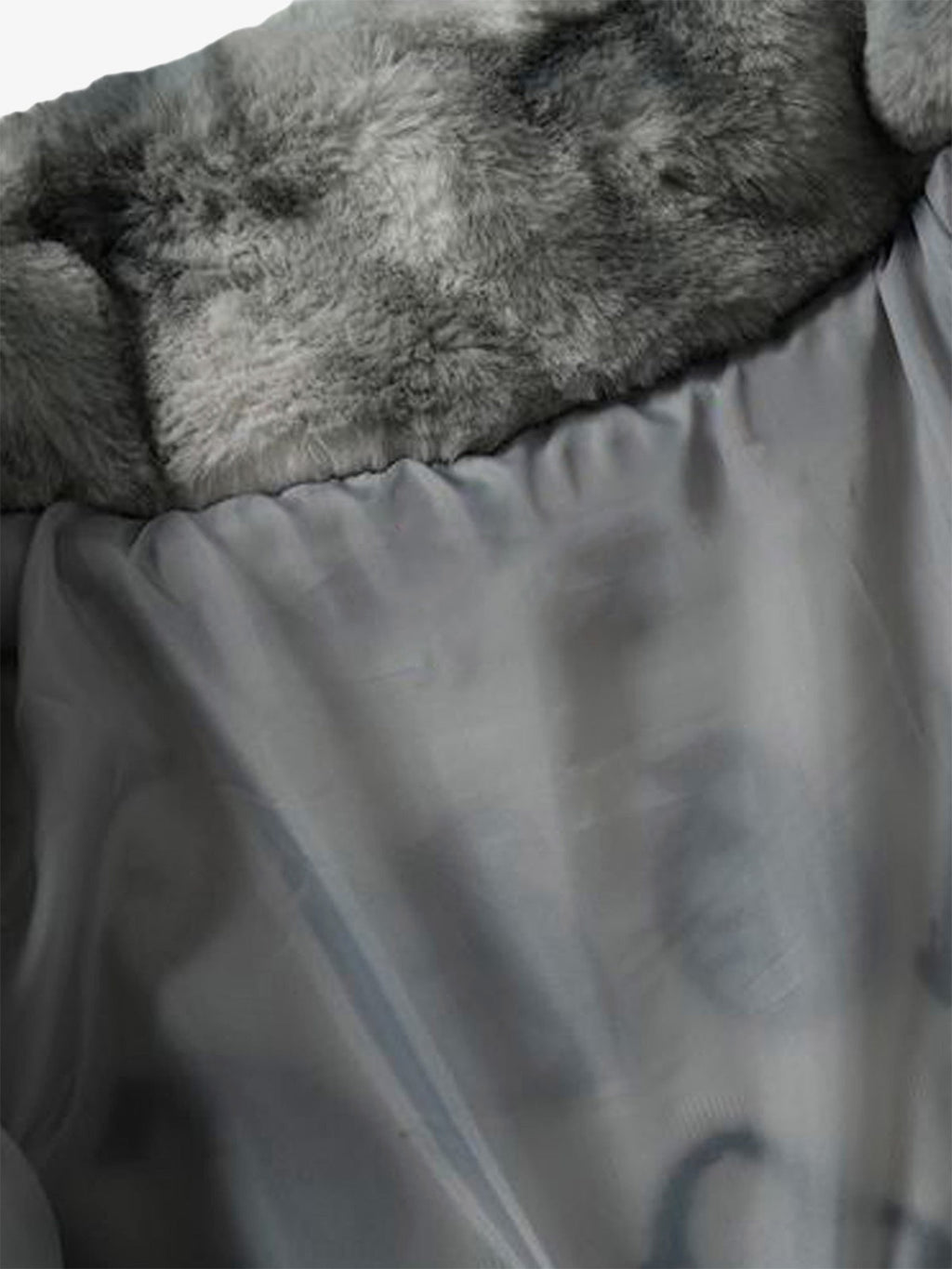 Flatlay view of men’s grey tie-dye faux fur jacket