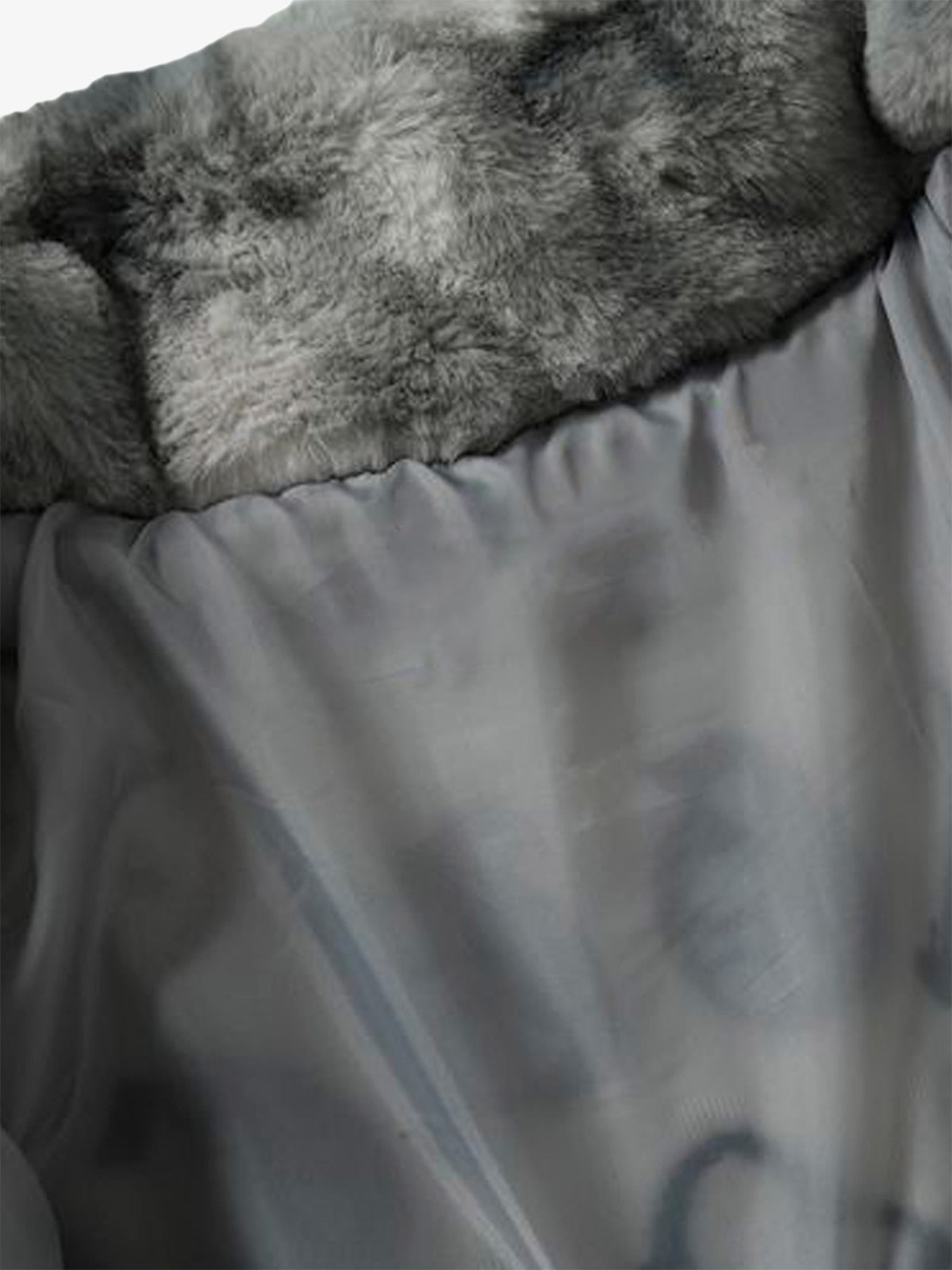 Flatlay view of men’s grey tie-dye faux fur jacket