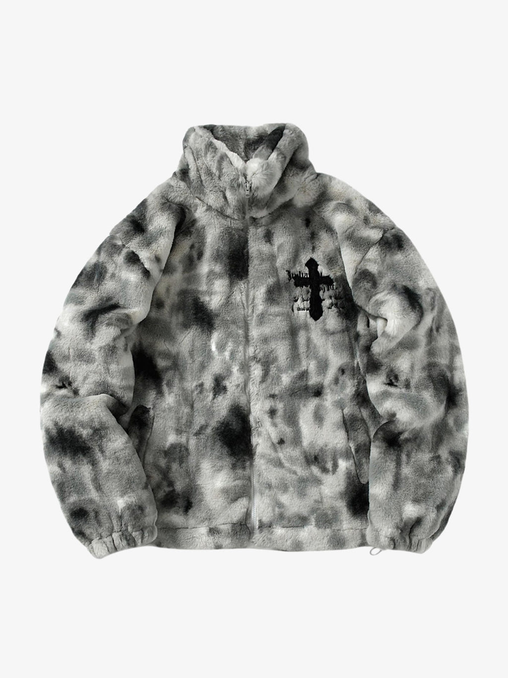 Men’s grey tie-dye faux fur jacket front view