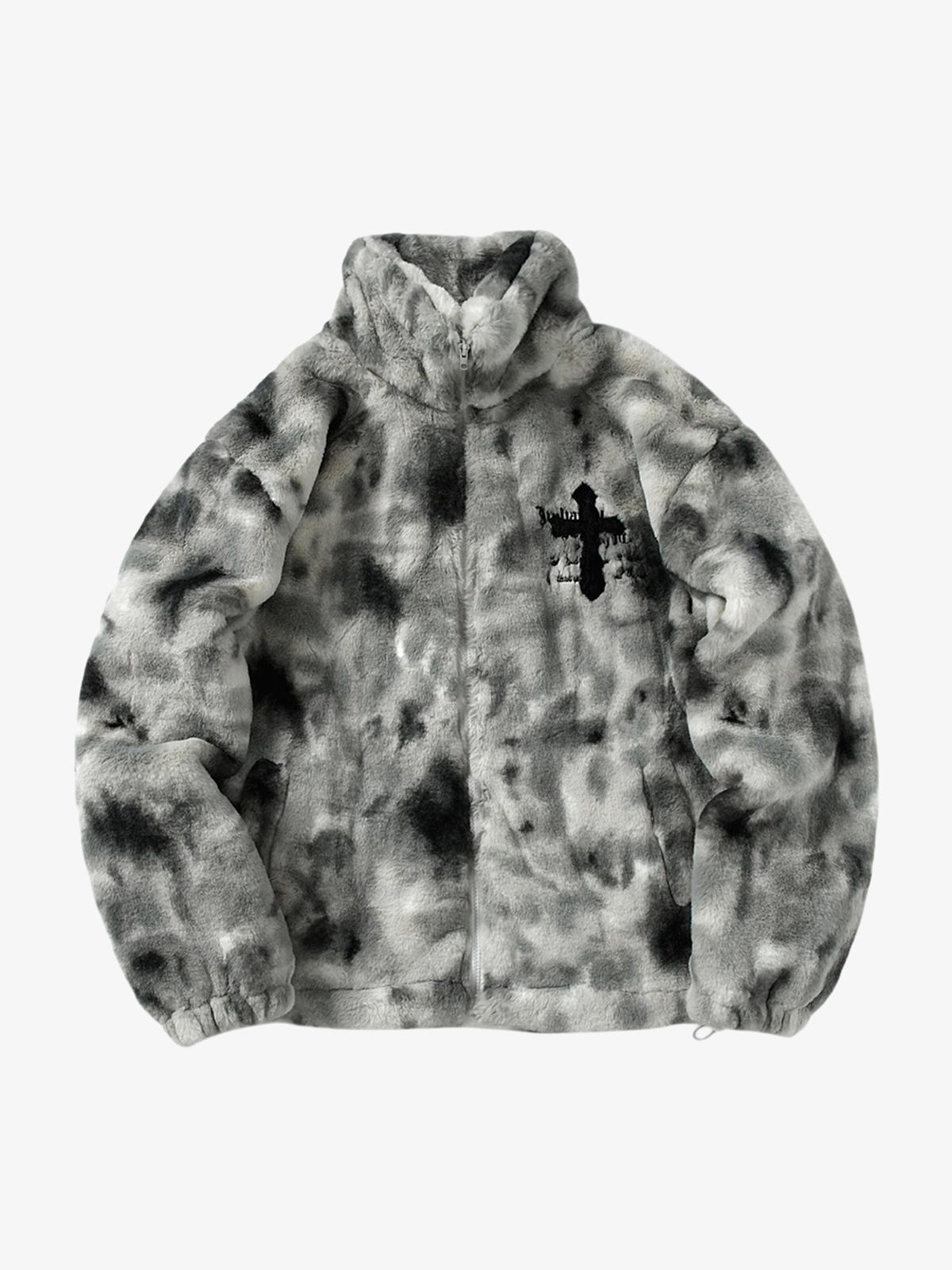 Men’s grey tie-dye faux fur jacket front view
