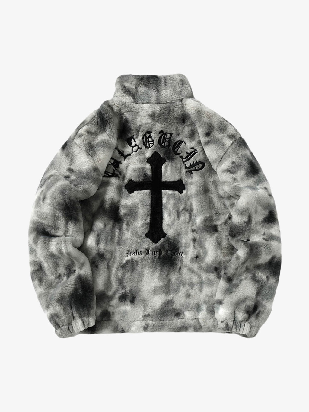 Side view of men’s grey faux fur tie-dye jacket