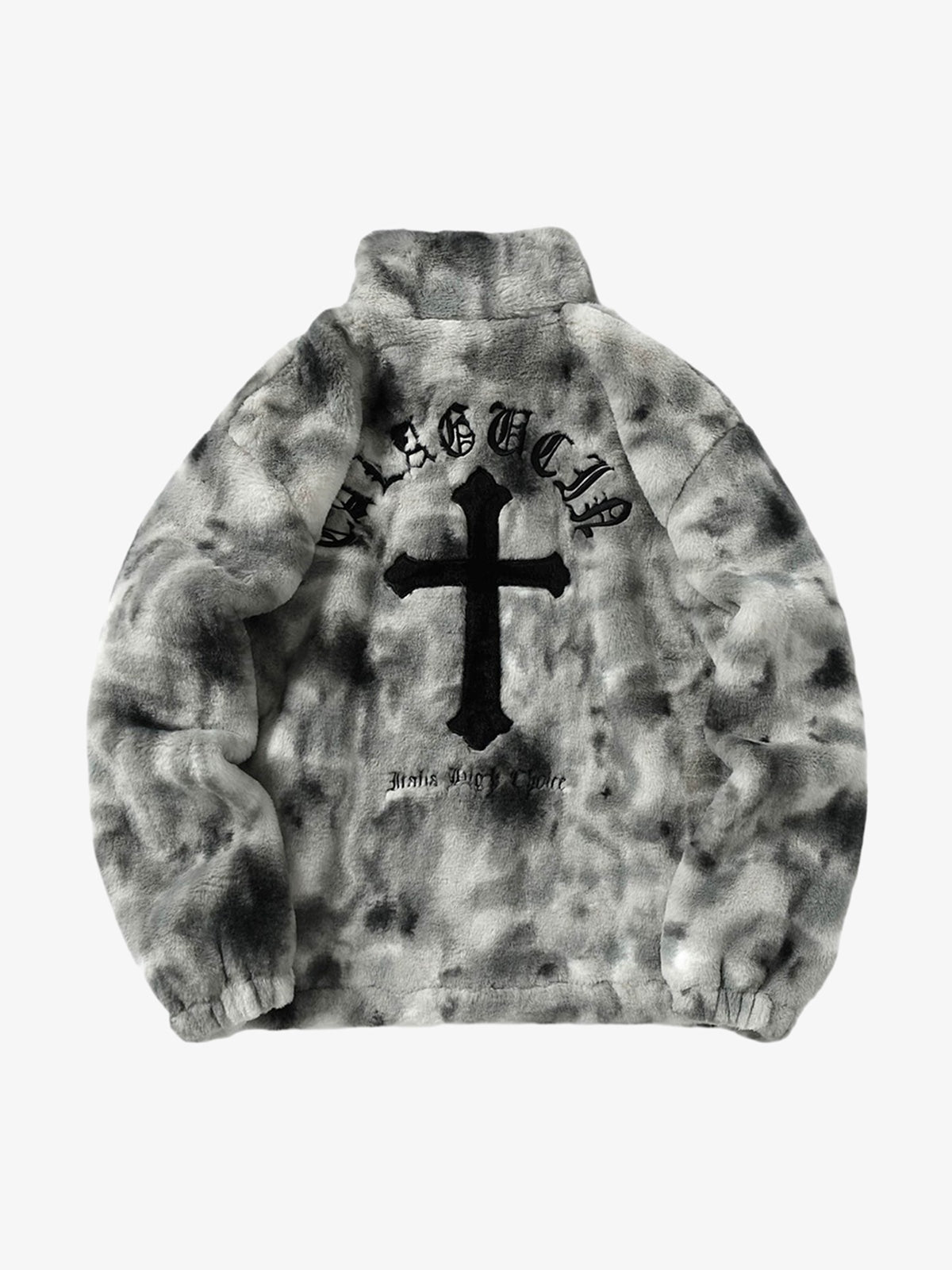 Side view of men’s grey faux fur tie-dye jacket