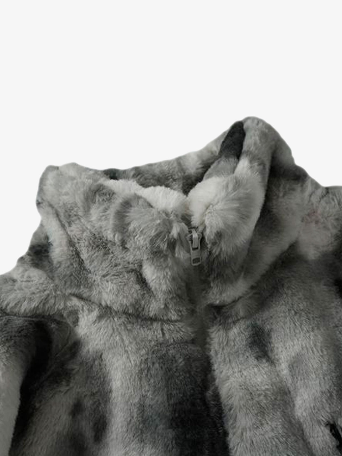 Winter outfit with men’s grey tie-dye faux fur jacket