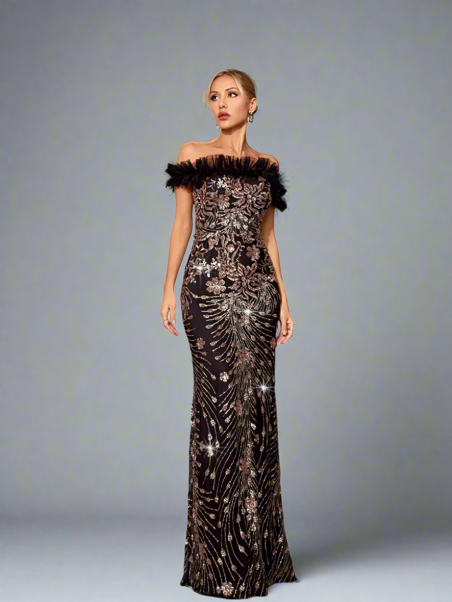 Front view of off-shoulder black sequin fishtail evening gown
