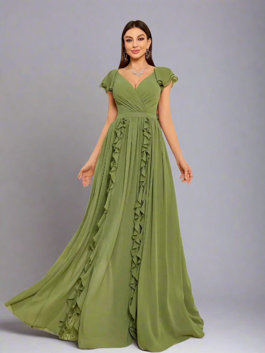 Front view of elegant olive green maxi dress with flutter sleeves
