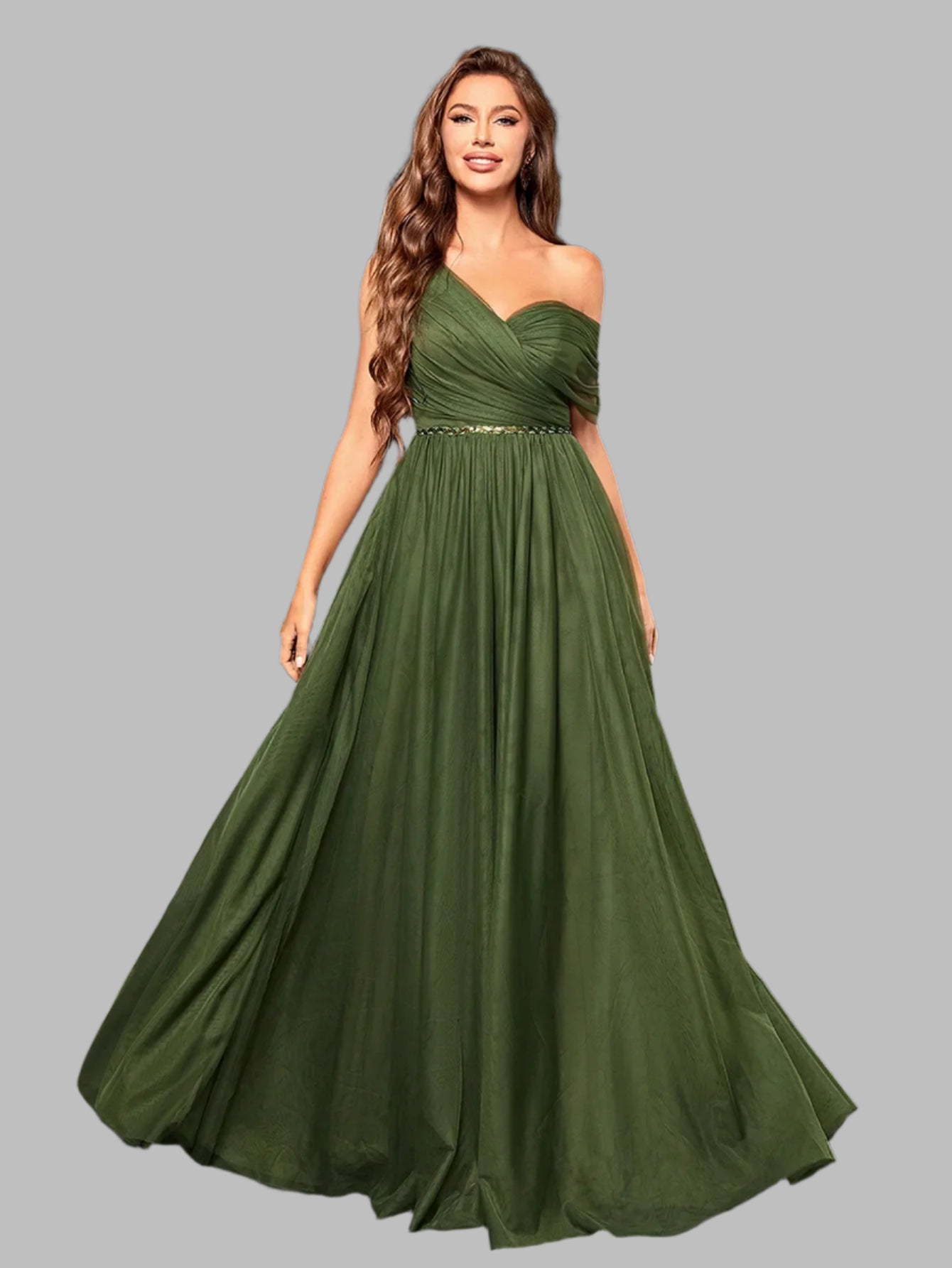 One-shoulder olive green chiffon gown front view