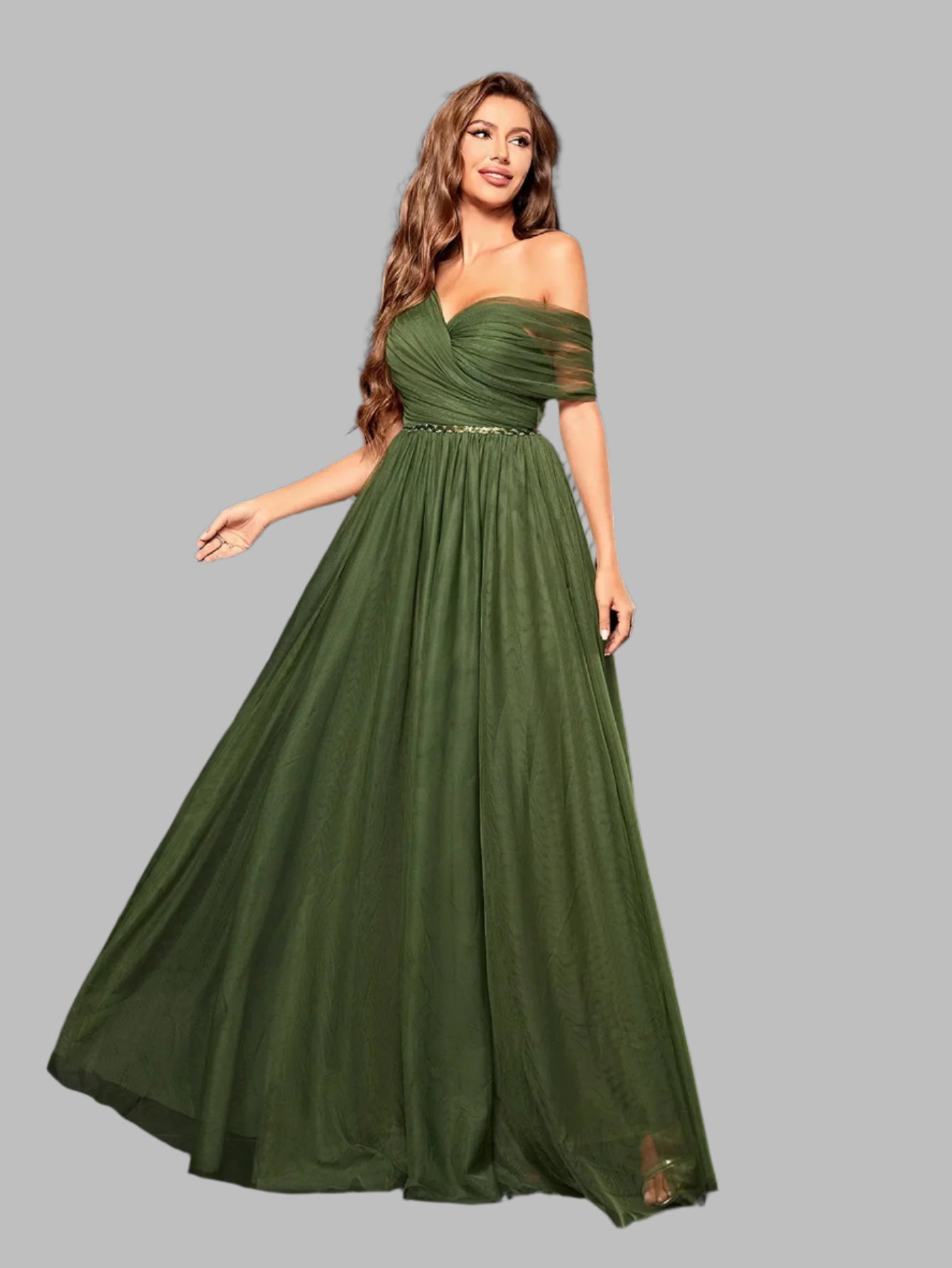 Model posing in one-shoulder olive green formal dress