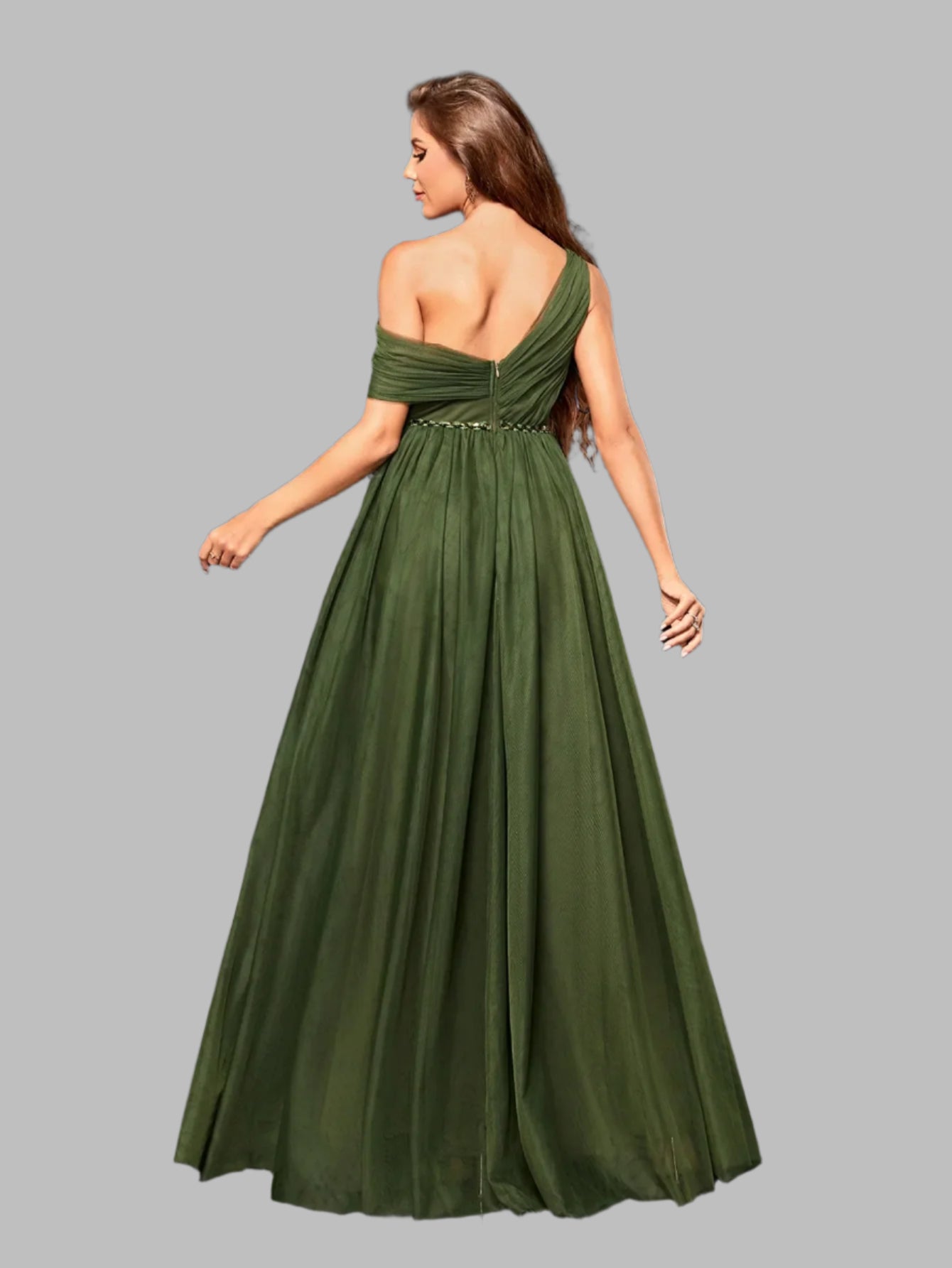 Side view of elegant one-shoulder chiffon gown in green