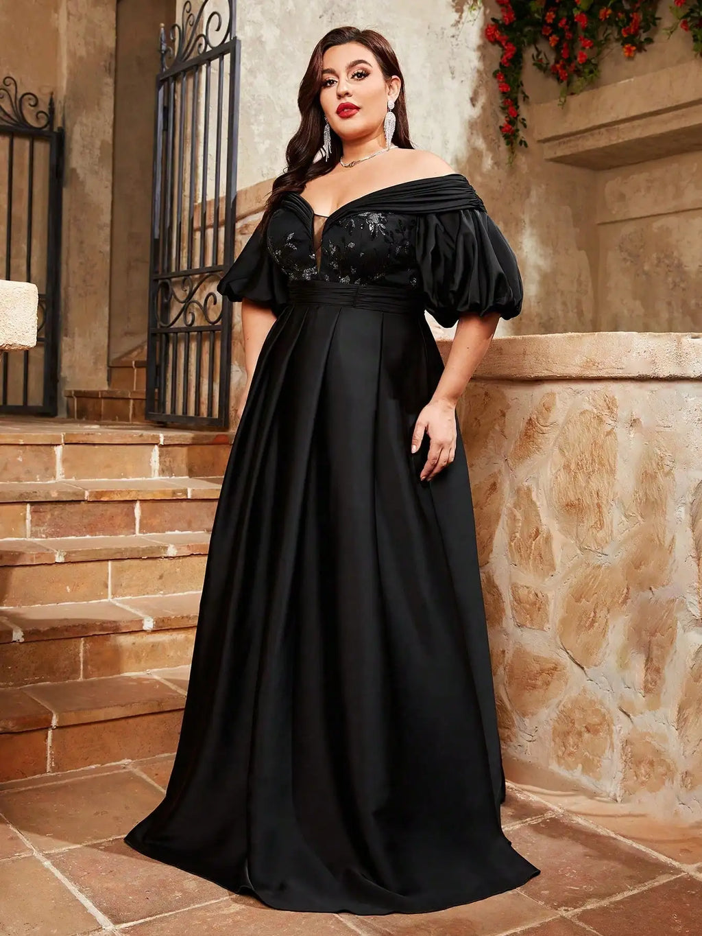 Elegant plus size black evening gown with puff sleeves and sequin bodice – perfect for formal occasions