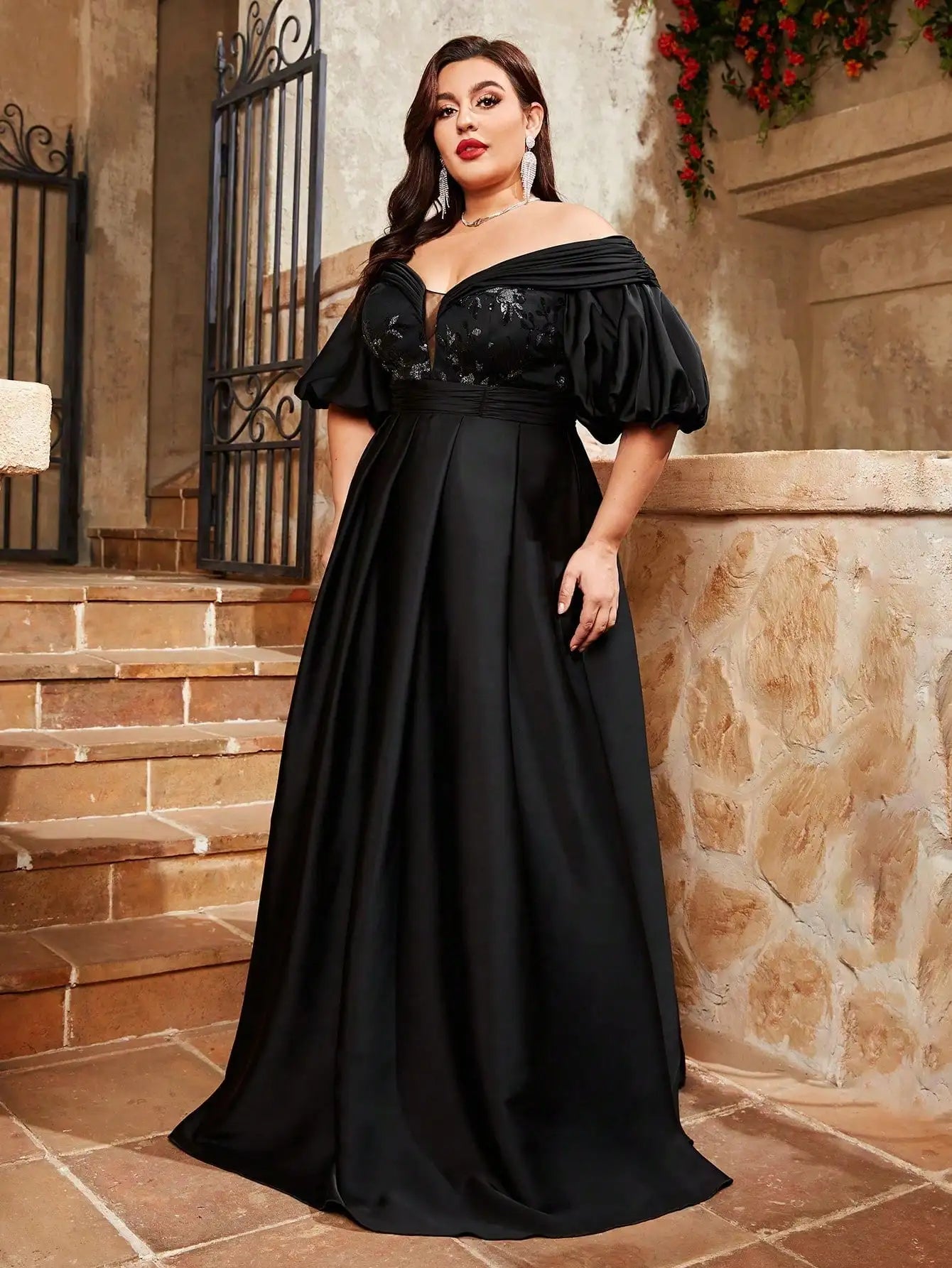 Elegant plus size black evening gown with puff sleeves and sequin bodice – perfect for formal occasions