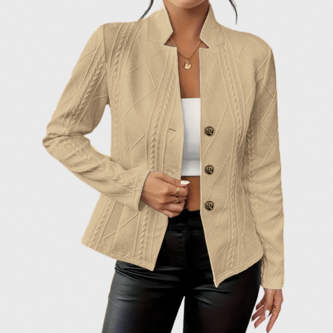 Back view of a lightweight women's blazer, highlighting the sleek fitted silhouette
