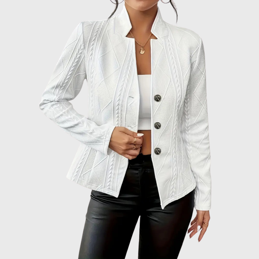 Women's tailored beige blazer front view, showing sharp lapel and button closure

