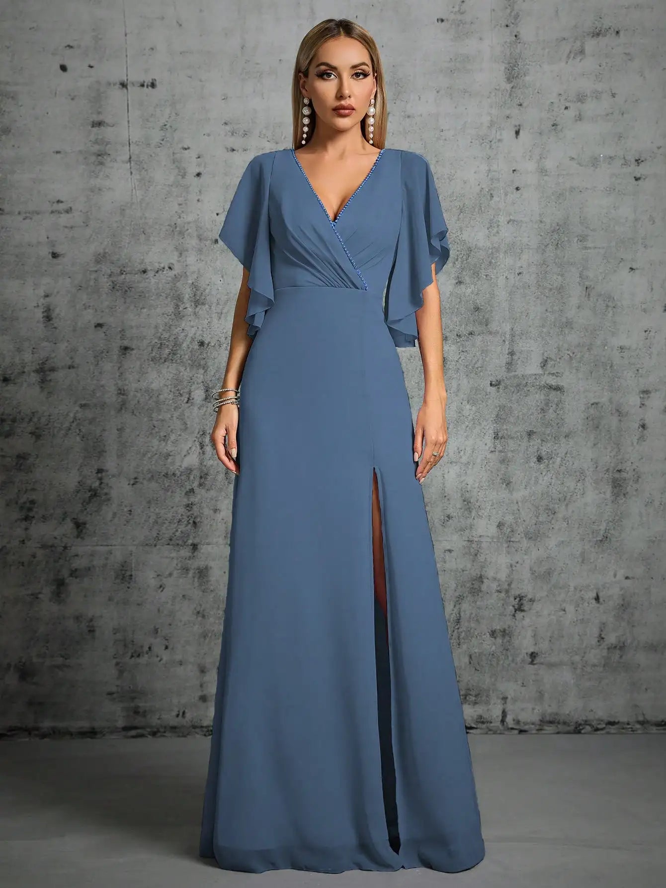 V-neck chiffon maxi dress in blue with a side slit
