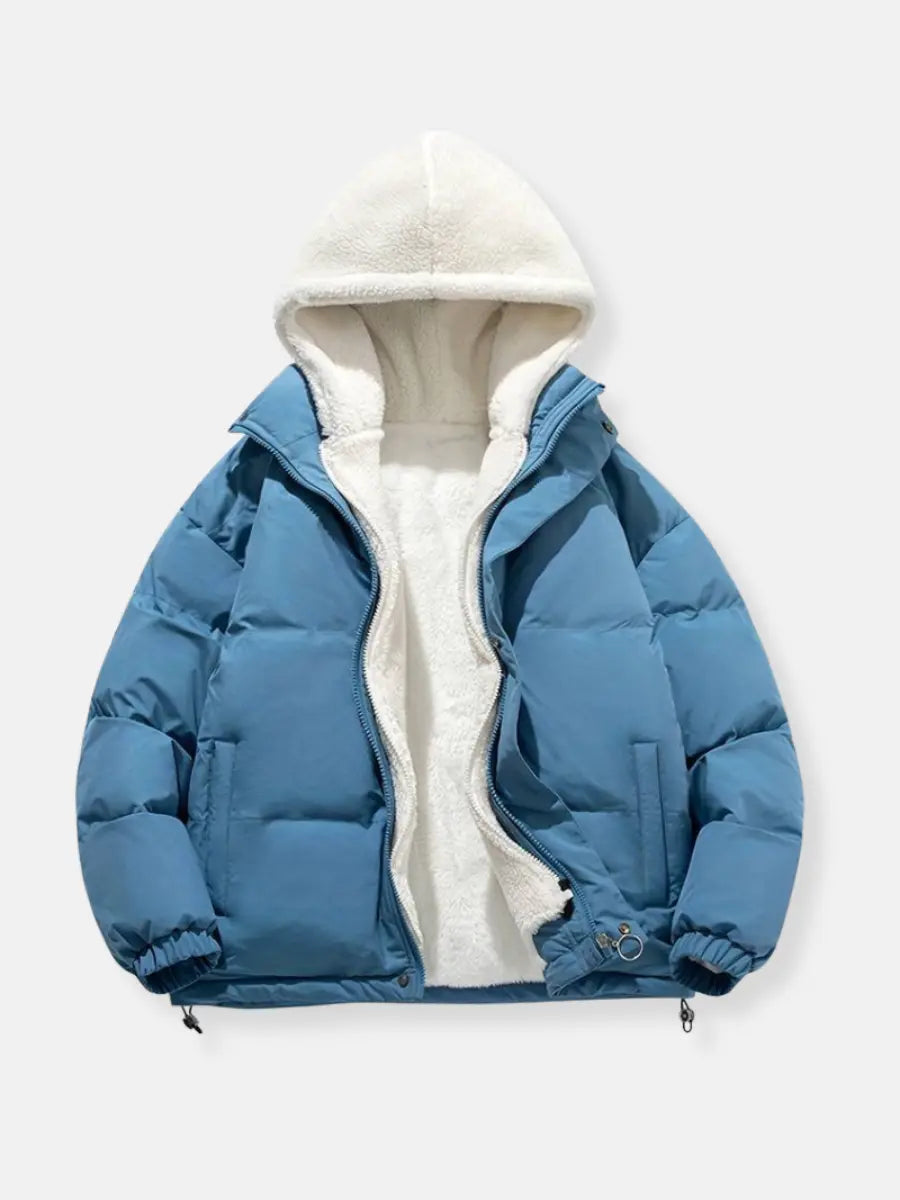 Jacket fully zipped for warmth