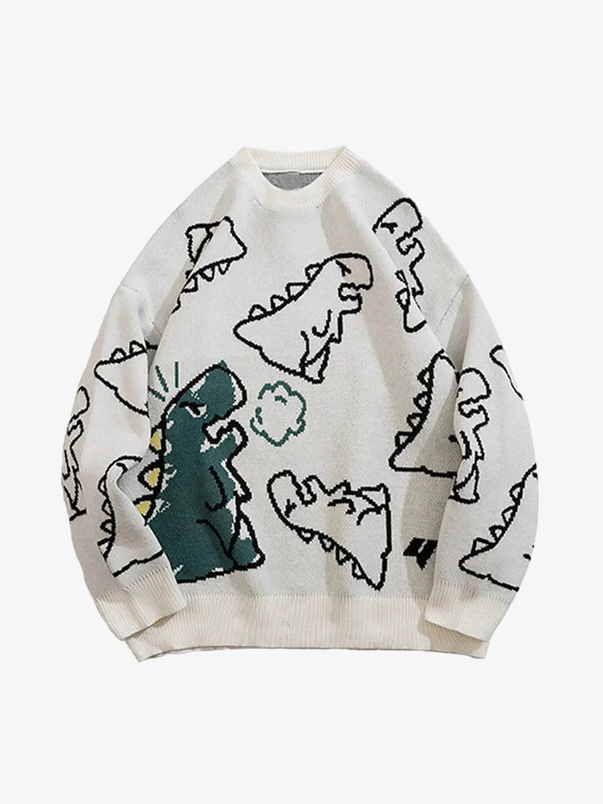 Hem detail of white dinosaur sweater with relaxed fit design
