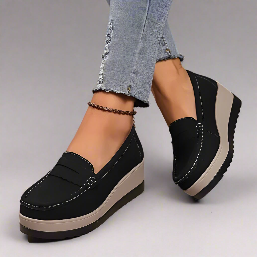 Women’s black platform loafers slip-on wedge shoes